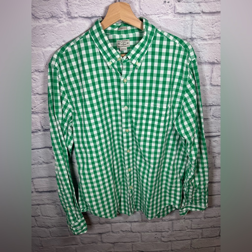 J. Crew Slim Fit Stretch Cotton Poplin Shirt Gingham Large green and‎ white